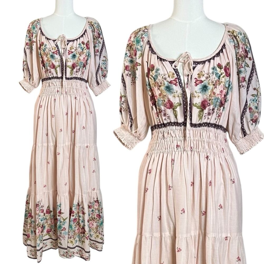 Anthropologie The Somerset Puff Sleeve Maxi Dress Cream Floral Cottage Small - Picture 7 of 13